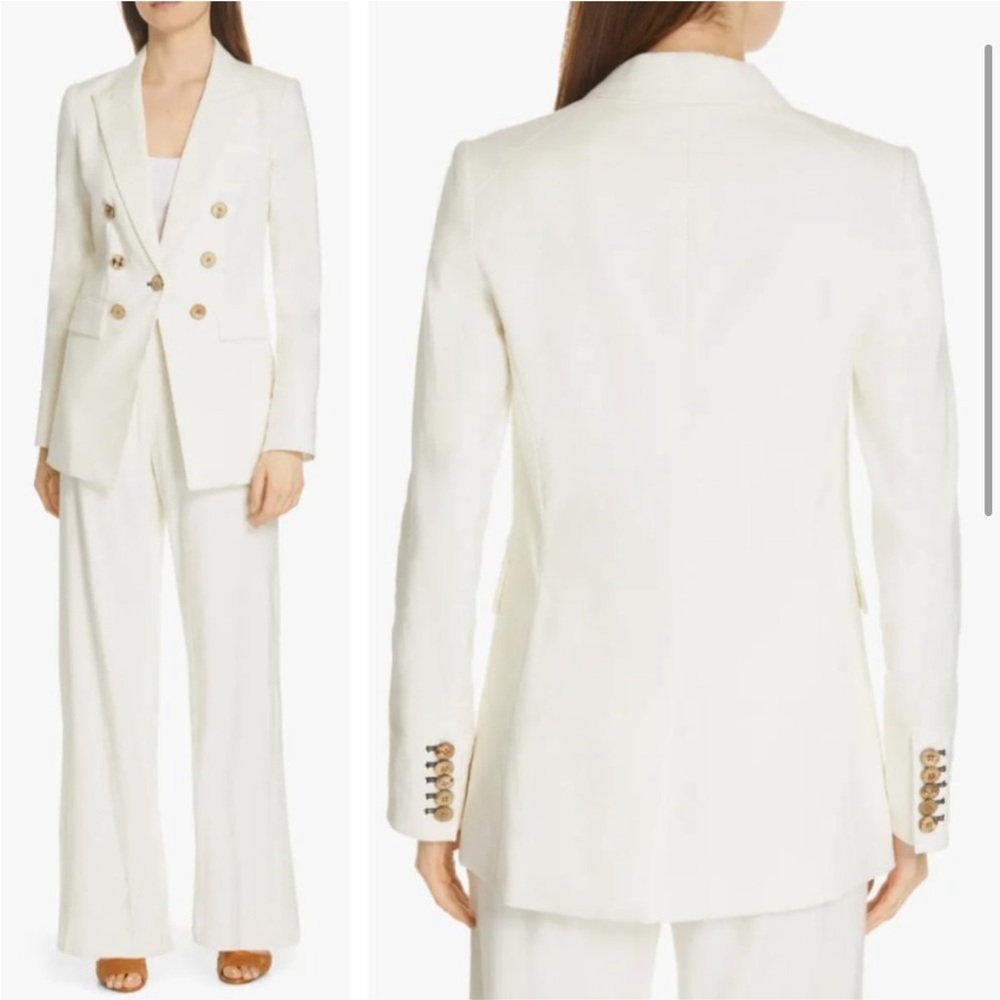 Veronica Beard Cream Double-Breasted Wool Pantsuit with Gold Buttons